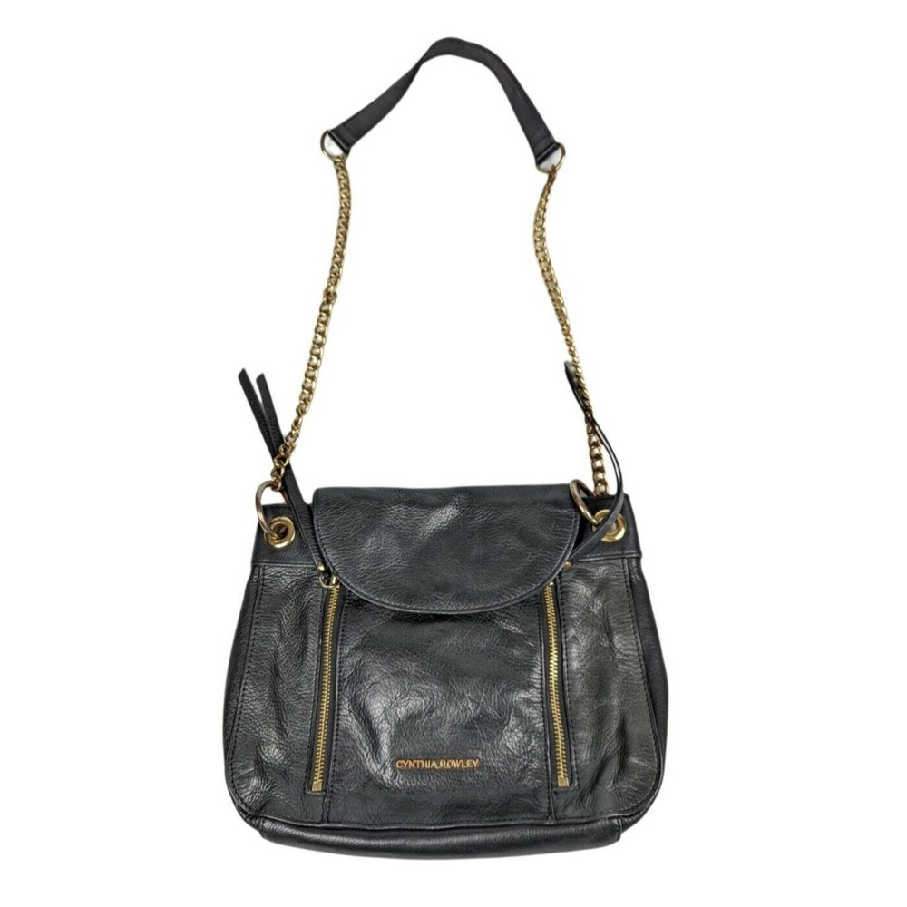 Cynthia Rowley Black Leather Medium Crossbody Shoulder Handbag Chain Strap